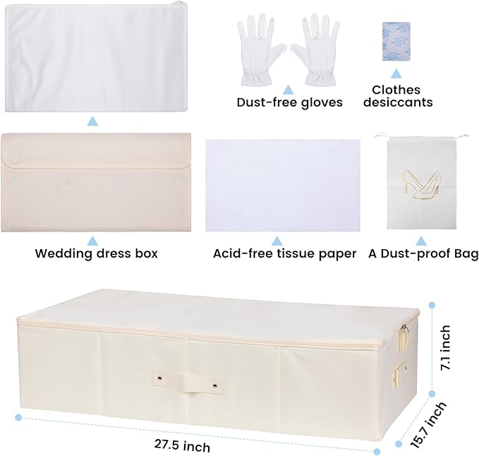 Wedding Dress Storage Box Kit with 20 Sheets of Acid Free Tissue Paper,Dust-proof Shoe Bag,Dust-free White Gloves ,Breathable Foldable Heirloom Wedding Gown Preservation Box - Bride Musthaves Beige