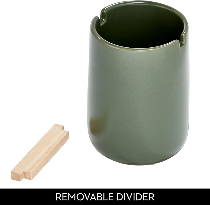 iDesign Ceramic Earth Collection Toothbrush Holder with Paulownia Wood Divider, Moss/Natural Wood