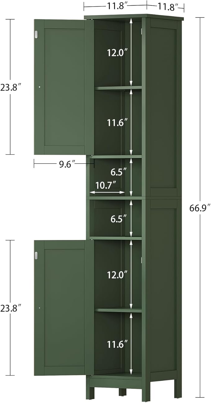 TEENFON 67" Tall Bathroom Cabinet with Adjustable Shelves and Doors, Narrow Bathroom Storage Cabinet for Small Space, Living Room, Entryway, Kitchen, Green