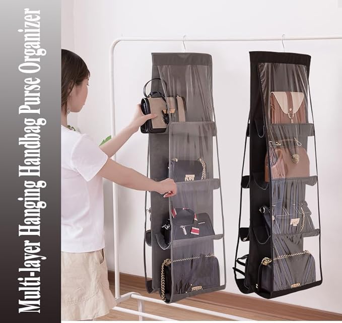 AARAINBOW 2 Packs Hanging Handbag Purse Organizer, Handbag Organizer for Closets, 8 Easy Access Pockets, Womens Purse Storage Organizers, Wardrobe Closet Organizers, 46 L x 13.8W (B Black Gray)