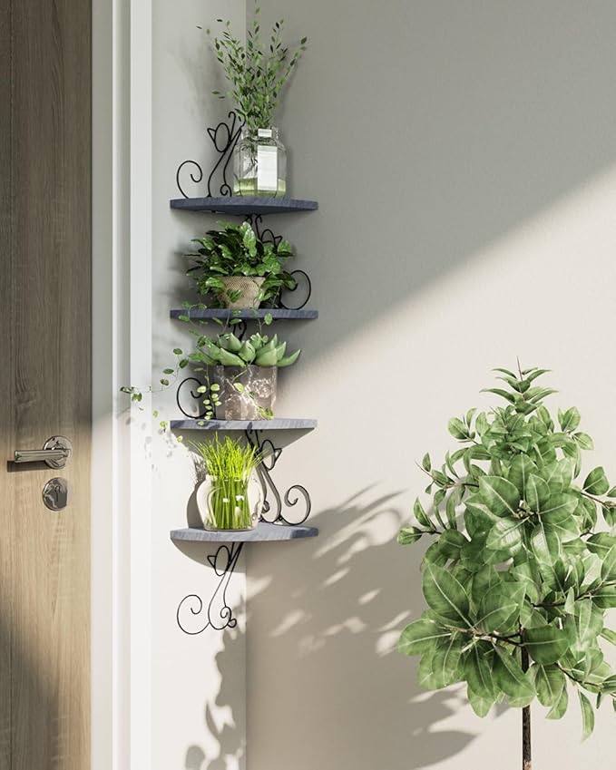 Alsonerbay Wall Mount Corner Shelves 4 Tier Floating Corner Storage Wood Shelves Decorative Rustic Radial Shelf in Cat Shape Weathered Grey