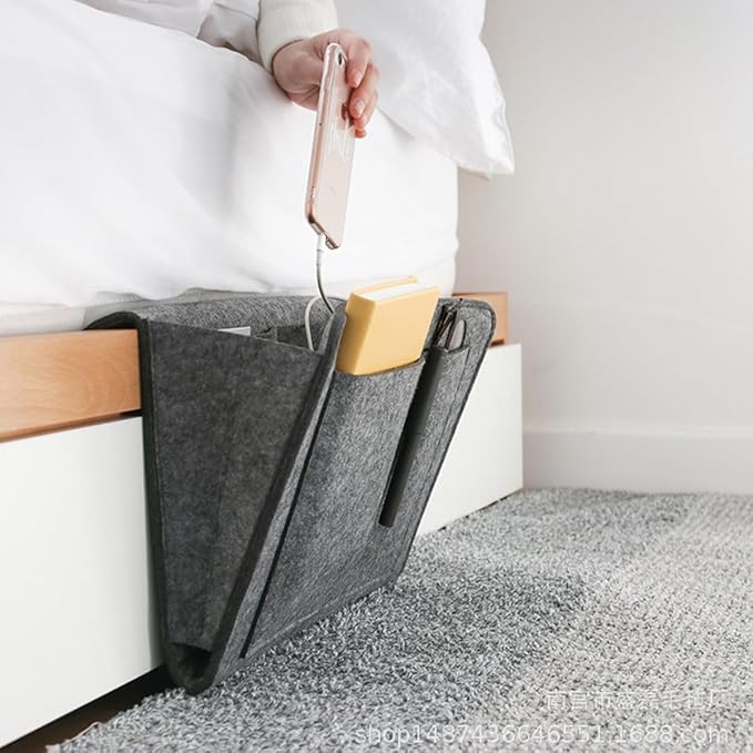 Bringsine 5 Pockets Bedside Caddy, Felt Bed Storage Organizer Hanging Bag Holder for Magazine Book Phone Tablet iPad Cables Remote and Glasses Holder Home Dorm Bed Sofa-Dark Gray