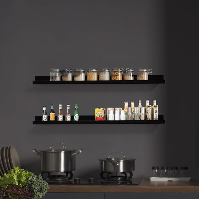 Black Floating Shelves 36 Inch Modern Picture Frame Shelf for Wall Picture Ledge Shelves with Lip Wooden Book Shelves Set of 2 Bathroom Shelf Organizer for Living Room Bedroom Kitchen Wall Decor
