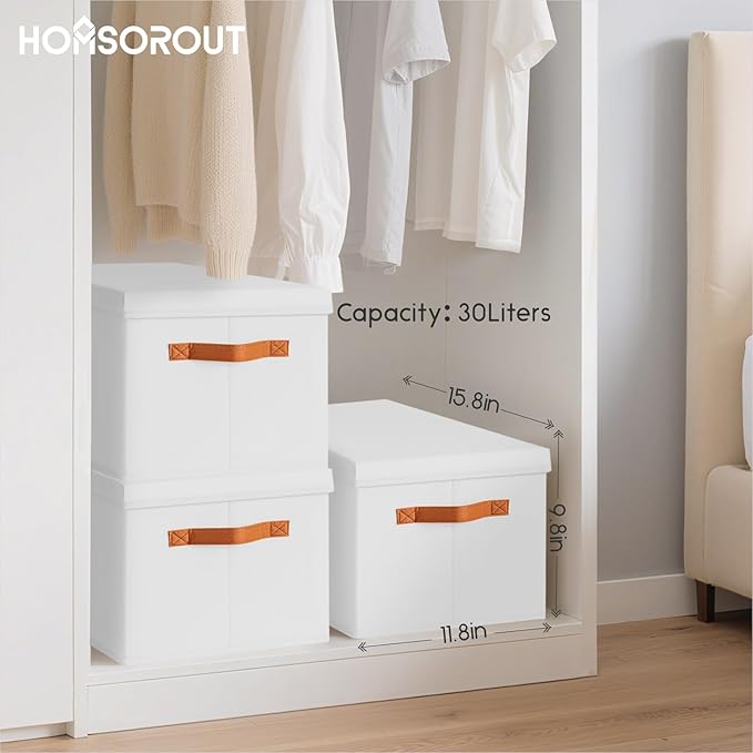 Storage Bins with Lids - Large Fabric Closet Bins with Lid, 8 Pack Clothes Organizers and Storage, Collapsible Stackable Cube Basket for Home, Office, Dorm, White