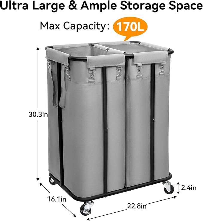 WOWLIVE Double Laundry Hamper with Wheels 170L Rolling Laundry Basket Organizer Laundry Cart with Steel Frame and Removable Bags Large Dirty Clothes Hamper Dorm Room Storage for Bedroom (Grey)