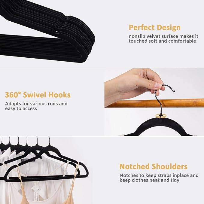 Pack of 30 Velvet Hangers, Space-Saving Heavy Duty Clothes Hangers for Suit, Non-Slip, 0.2 Inches Slim, 17.7 Inches Wide, 360° Swivel Black Hook - Black