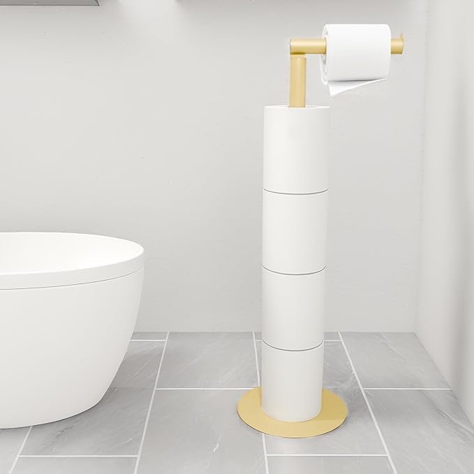 Gold Toilet Paper Holder Stand Free Standing，Holds 5 Rolls, Slim Toilet Paper Holder, Modern Floor tissuse Holder for Bathroom, RV,Kitchen, Floor TP Holder Stand