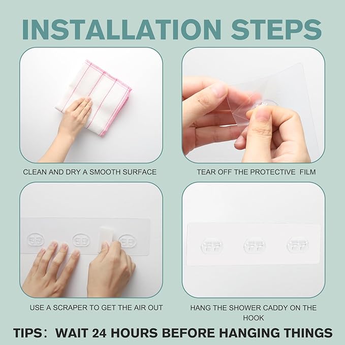 Qiic 12 Pcs Shower Caddy Adhesive Hooks Replacement Storage Shelf Basket Strips Hook/No Drilling Strong Adhesive & Waterproof Hooks for Bathroom Wall Corner Shelf,Soap Holder,Organizer,Kitchen Racks