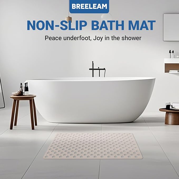 BREELEAM Non Slip Bathtub and Shower Mat 31x17 inch,Bath Mat with Quick Dry Drain Holes and Suction Cups, Soft Comfortable Safe Bathroom Mat for Bath Tub, Floor, Tile (Khaki)