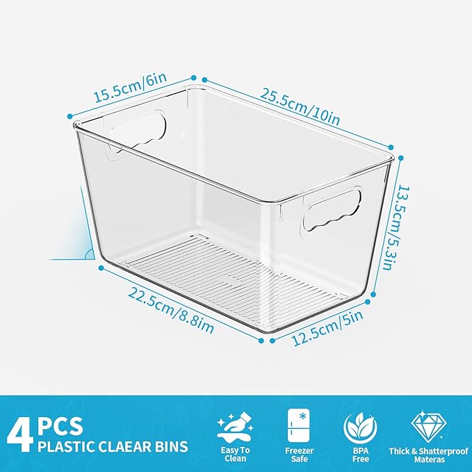KJIXYUNG Clear Pantry Organizer Bins, Plastic Organizers & Storage Containers, Cabinet Organizer, Home Organization Must Haves for Kitchen, Laundry Room, Office, Closet & Freezer (4 Pack)