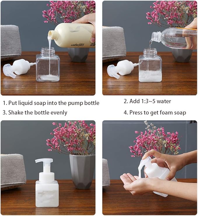 UUJOLY Foaming Soap Dispenser, 250ml (9oz) Refillable Pump Bottle for Liquid Soap, Shampoo, Body Wash (2 Pcs) (Small Clear)
