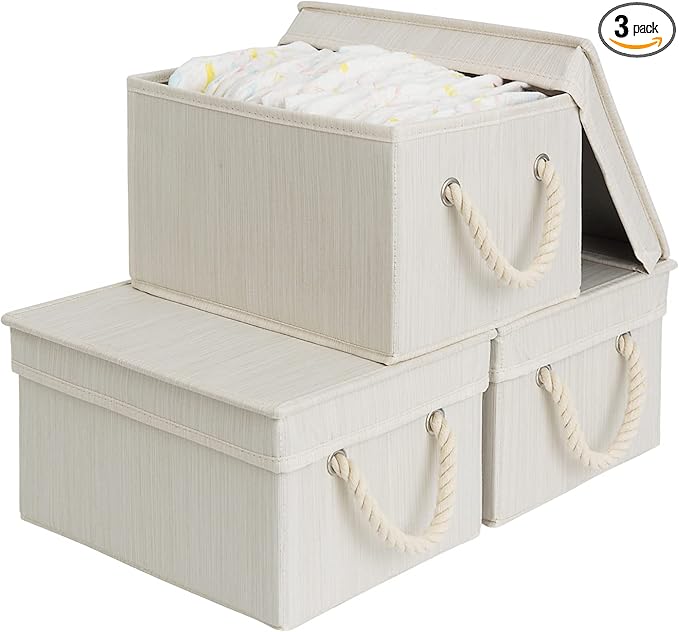 StorageWorks Storage Bins with Lids, Decorative Storage Boxes with Soft Rope Handles, Foldable Stackable Storage Baskets for Closet, Shelves, 3-Pack, Ivory and White, Medium