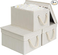 StorageWorks Storage Bins with Lids, Decorative Storage Boxes with Soft Rope Handles, Foldable Stackable Storage Baskets for Closet, Shelves, 3-Pack, Ivory and White, Medium