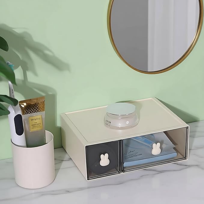 Desktop Storage Drawers, Plastic Desk Organizer with 2 Drawers, Modular Stackable Toolbox Units for Office Stationary, Makeup Container, Bathroom Countertop (1 Tall Layer, Cream & Clear)