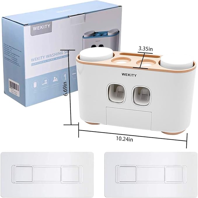 Toothbrush Holder Wall Mounted, WEKITY Multi-Functional Toothbrush and Toothpaste Dispenser for Bathroom, with 5 Toothbrush Slots, 2 Toothpaste Squeezers and 4 Cups(Pink)