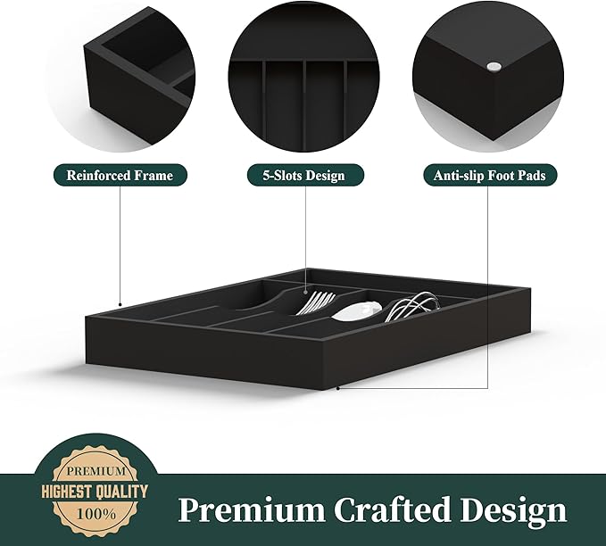 Bamboo Silverware Organizer, Kitchen Drawer Organizer, Utensil Holder, Cutlery Tray & Spoon Flatware Storage with Grooved Drawer Dividers (5 Slots, Black)
