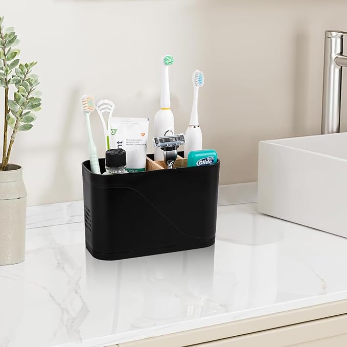 Toothbrush Holders for Bathrooms, Electric Tooth Brush Holder with Bamboo Dividers Kids Toothbrush and Toothpaste Organizer for Bathroom Countertop Accessories Storage, 4 Slots, Black