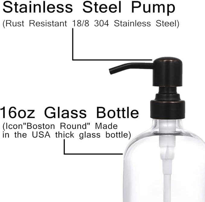 2 Pack Thick Clear Glass Boston Round Bottles /Oil Rubbed Bronze Stainless Steel Pumps, 16 Ounce Jar Soap Dispenser with Rustproof Pump for Essential Oil, Liquid Soap