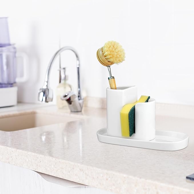 Geelin 3 in 1 Ceramic Kitchen Sink Caddy Dish Sponge Holder Scrub Brush Holder and Soap Tray for Kitchen Organizer White Rustic Farmhouse Supplies(White)