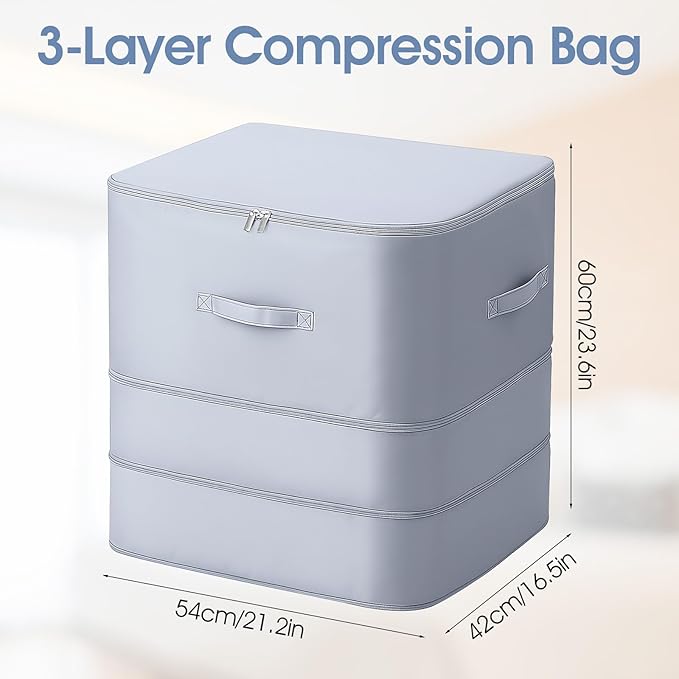 2 Packs Storage Bags Large Capacity Space Saving Zipper Compression Organizer Multifunctional Comforter Storage Bag for Comforters Blankets Bedding and Seasonal Clothing Gray