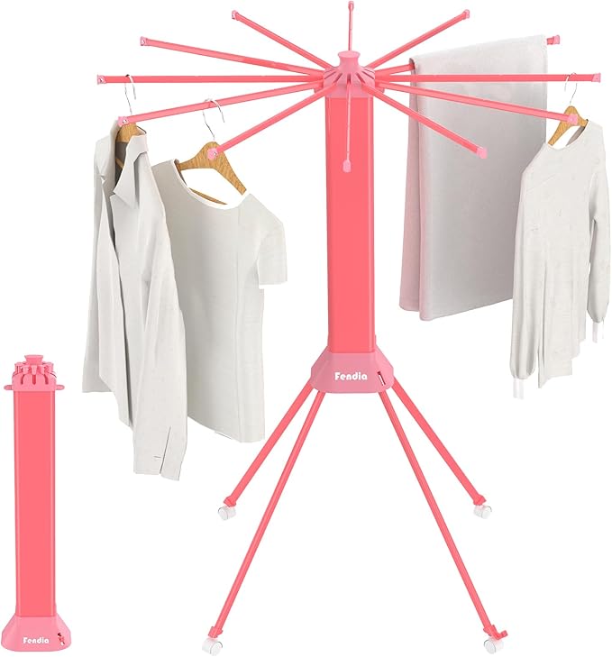 fendia Clothes Drying Rack Foldable & Collapsible Drying Racks with 4-Leg Octopus Design, Large Capacity Space Saving Indoor Drying Rack for Bedroom,Balcony,Laundry for Indoor/Outdoor Use（Pink）