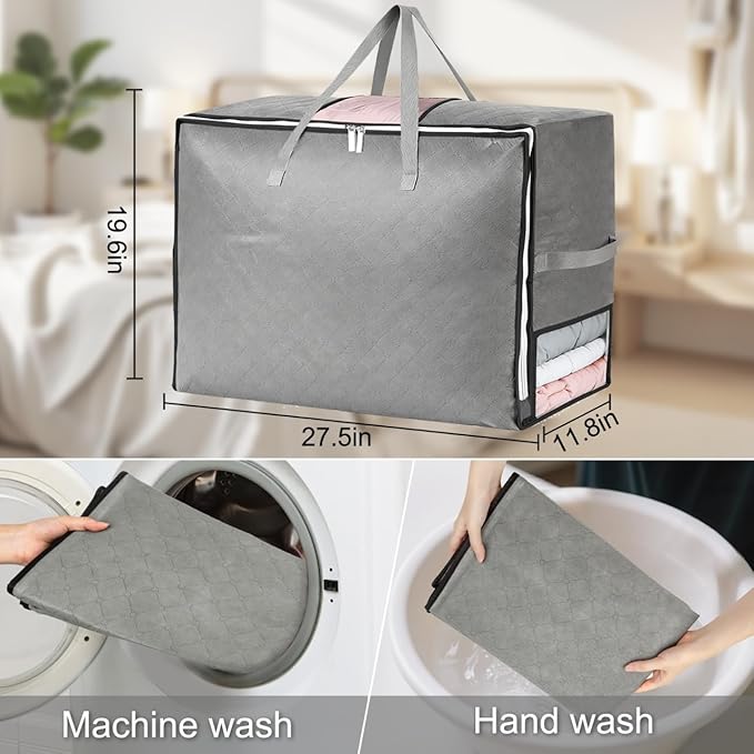 8Pack 105L Extra Large Blanket Comforter Storage Bags, Foldable Storage Bags for King Comforter Bedding Pillow Sheet Clothes with Handles Zippers Clear Window Closet Organizers and Storages, Grey