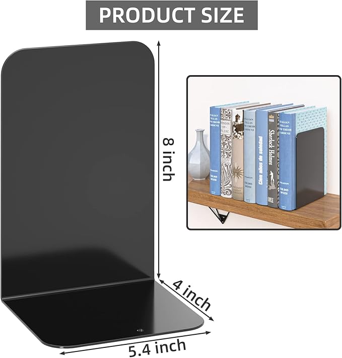 VFINE Metal Bookends 2 Pairs, Black Book Ends, Bookends for Shelves, Book Stopper for Heavy Books, Book Dividers for Home Office School Supplies