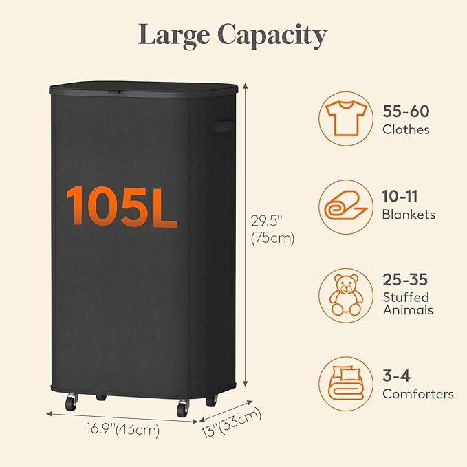 Lifewit 105L Plastic Laundry Basket with Lid, Large Clothes Hamper with Wheels and Removable Bag, Tall Collapsible Rolling Storage Bin for Dorm Bedroom Bathroom, Black