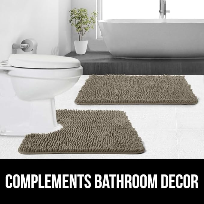 Gorilla Grip Shaggy Chenille Bath Rug Mat for Toilet Base, Machine Washable, Microfiber Dries Quickly, Plush Absorbent Contour Mats for Toilets, Bathroom Decor, Oval U-Shape, 22'' x 19'' x 15'', Latte