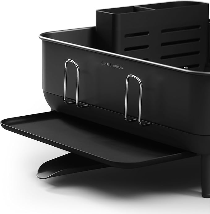 simplehuman Compact Dish Drying Rack with Stainless Steel Frame, 360º Easy Drain Swivel Spout, Utensil Holder, Anti-Residue Coating, Moisture Control Surface, Matte Black