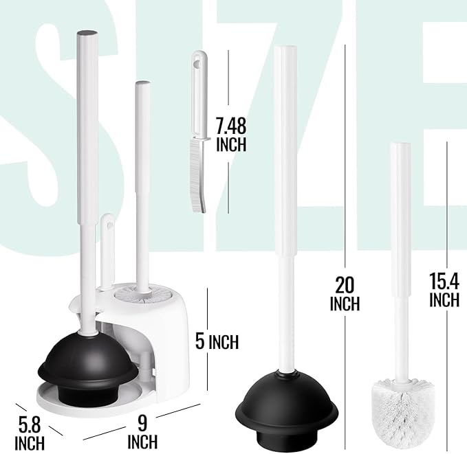2PACK 4 in 1 Toilet Brush and Plunger Set with Crevice Cleaning Brush, Toilet Plunger and Brush Set with Extra Long Handle, Plungers for Bathroom Accessories, Toilet Plunger with Holder, White