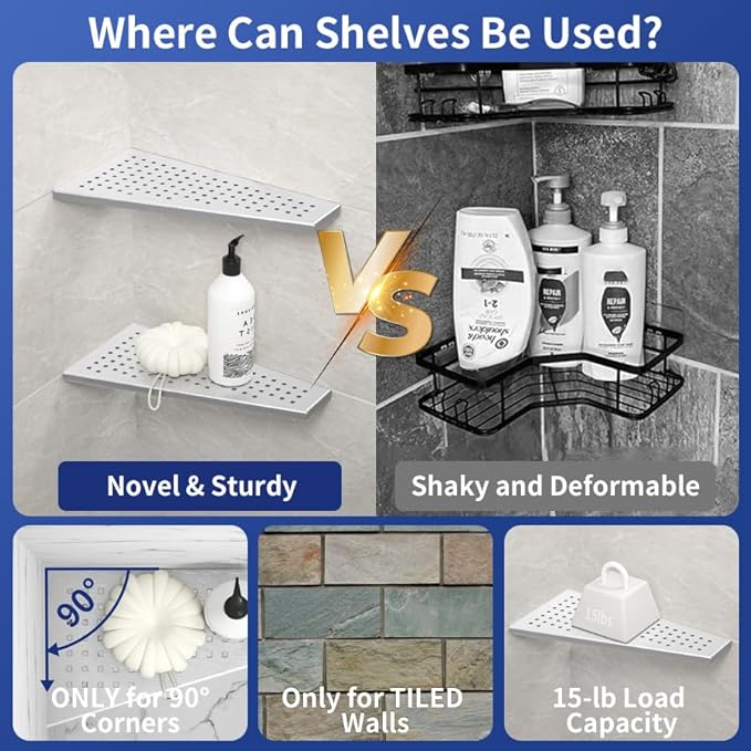 Bernkot Corner Shower Shelf, Brushed 12" Trapezoid Floating Shelf, 304 Stainless Steel Grid Design Recessed Bathroom Shelf for Tiled Wall, No Drilling