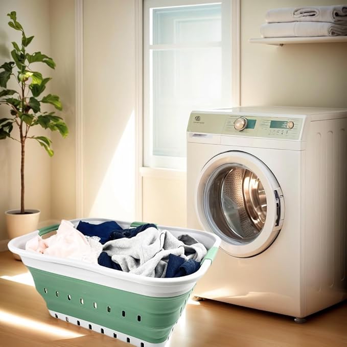 SAMMART 42L (11 gallon) Collapsible Plastic Laundry Basket - Foldable Pop Up Storage Container/Organizer - Portable Basket - Space Saving Hamper/Basket (Grey/Dark Sea Green (Set of 2))
