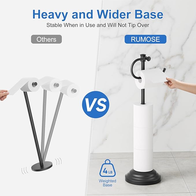 RUMOSE Toilet Paper Holder Stand for Floor, Matte Black Bathroom Free Standing Toilet Tissue Roll Holder with Storage, Adjustable 17-25 Inch, SUS304 Stainless Steel