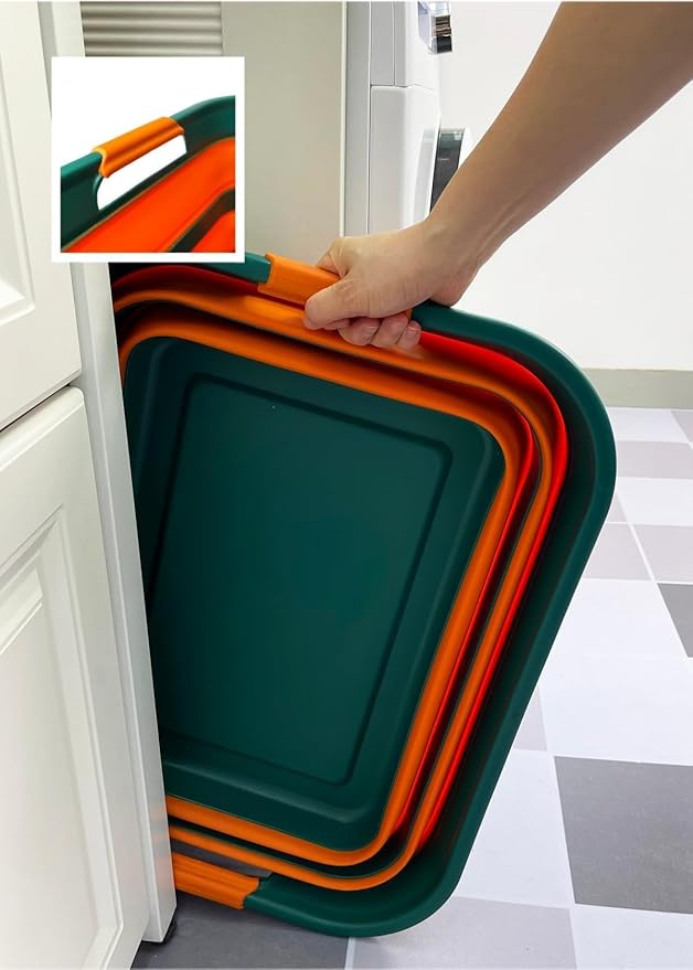 SAMMART Collapsible Plastic Laundry Basket with Handle/Foldable Pop Up Storage Hamper/Portable Laundry Organizer-Space Saving Washing Tub/Household Storage (Teal Green/Autumn leaf, 42L)