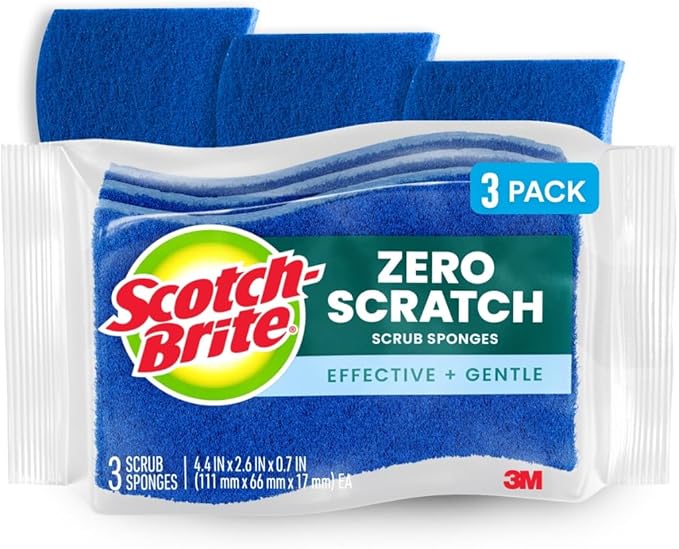 Scotch-Brite Zero Scratch Scrub Sponge, 3 Kitchen Sponges for Cleaning Around the Home, Bathroom & More, Effective + Gentle Dish Scrubber, Best for Nonstick Pots and Pans, Safe on Most Surfaces