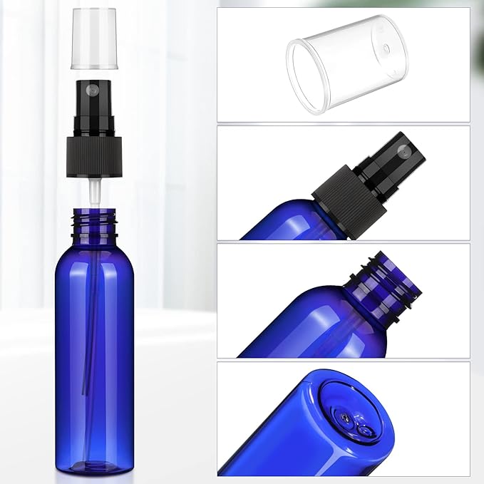 Nuogo 100 Pack 2 Oz Plastic Spray Bottles Reusable Mini Travel Size Perfume Refillable Mist Sprayer Empty Spritz Bottle for Household Use Essential Oil Cleaning(Blue)