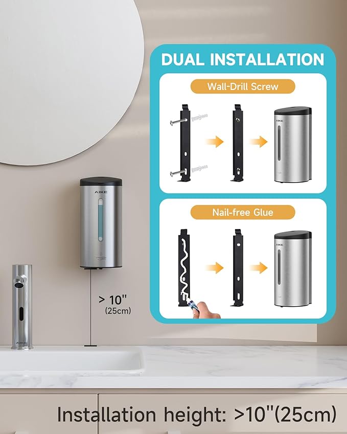 AIKE Automatic Wall Mount Liquid Soap Dispenser, Commercial Stainless Steel with 25oz Large Capacity Save Time Effort and Cost,Model AK1205(Brushed)