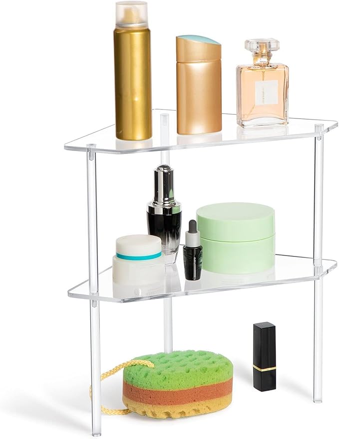 Jetec 2 Tier Corner Bathroom Organizer Countertop Shelf Acrylic Bathroom Table Organizer Vanity Tray Sink Stackable Clear Shower Corner Vanity Shelf for Kitchen Toilet Makeup Storage