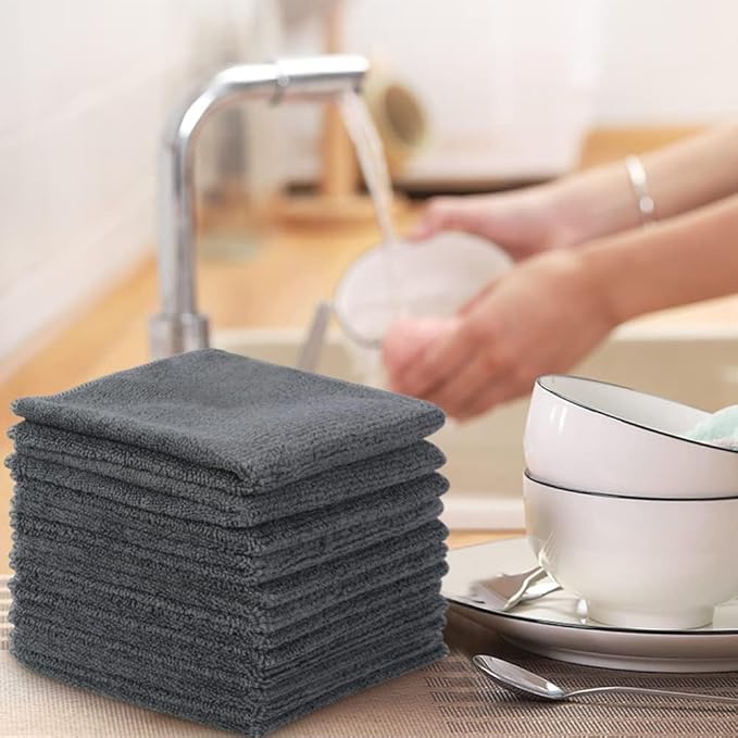 SINLAND Microfiber Cleaning Cloth Super Absorbent Kitchen Dish Cloths Quick Dry No Streak Dish Rags Glass Cloths 12inchx12inch 12 Pack Grey