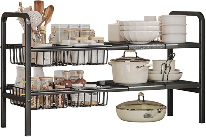 Under Sink Organizer and Storage 2 Tier Expandable Shelves Kitchen Cabinet Crganizers with 4 Baskets and 4 Panels for Bathroom Counter shelf Pantry