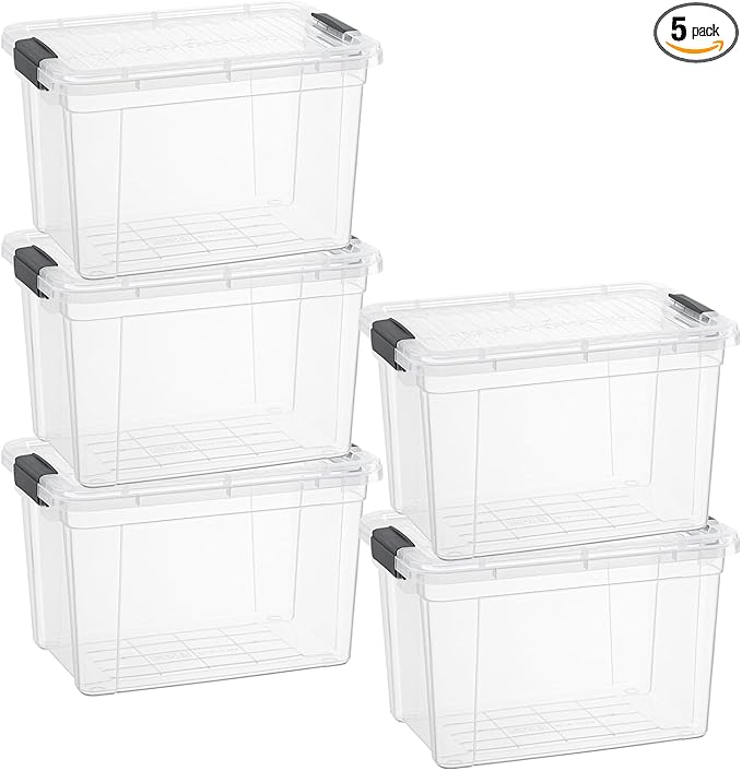 Superio Small Clear Storage Boxes with Lids, 4.75 Quart Plastic Container Bins for Organizing, Stackable Crates, BPA Free, Non Toxic, Odor Free, Organizers for Home, Office and Dorm, 5 Pack
