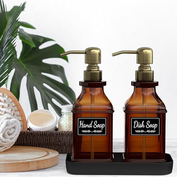 Soap Dispenser - 2 Pack, Antique Design Thick Amber Glass Hand Soap Dispensers with Sturdy Tray; 304 Rust Proof Stainless Steel Black Pump, 12Pcs Stickers, for Kitchen, Bathroom - Brushed Gold
