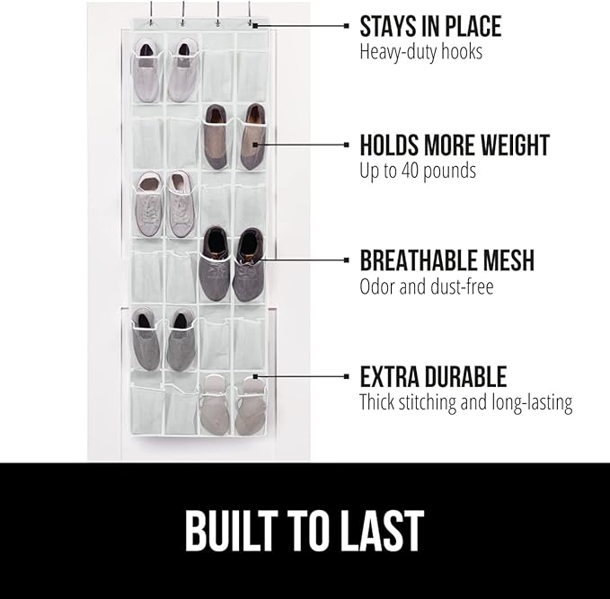 GORILLA GRIP Over the Door Shoe Organizer, 2 Pack, 24 Breathable Mesh Pockets, Space Saving Hanging Storage Holder, Closet Rack Hanger Holds Up to 40 lbs, Hangs on Closets, Shoes, Accessories, White