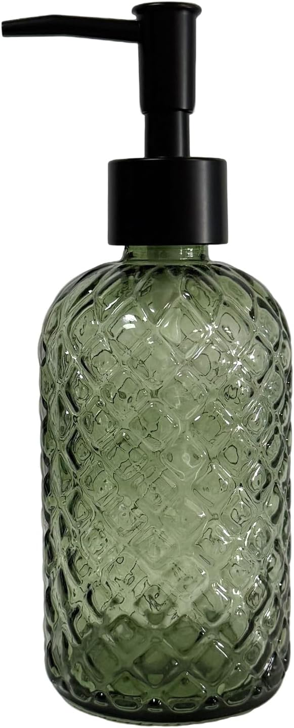 Green Glass Soap Dispenser with Black Pump, 13.5oz Liquid Hand Soap Dispenser Set, Dish Soap Lotion Dispenser for Modern Home Decor, Bathroom, Kitchen Countertop, Hotel
