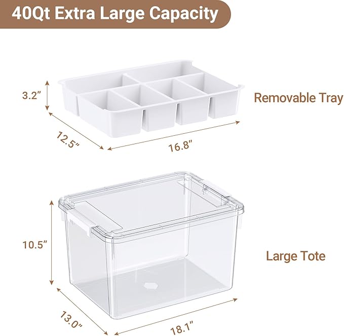 HOMETUK 40Qt Large Stackable Storage Bin with Lid & Tray, Clear Plastic Latching Box Organizer with Divider Portable 10Gal Container for Arts & Crafts, Home and Car Trunk Organization, 1Pack