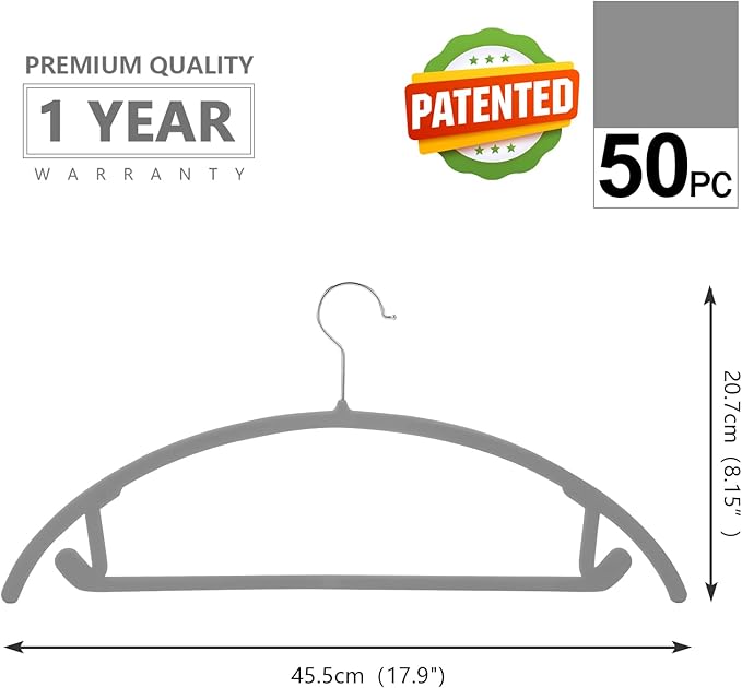 MIZGI Premium Velvet Hangers 50 Pack Heavyduty- Non Slip No Shoulder Bump Suit Hanger - Chrome Hooks,Space Saving Clothes Rounded Shape for Coat,Sweater,Jackets,Pants