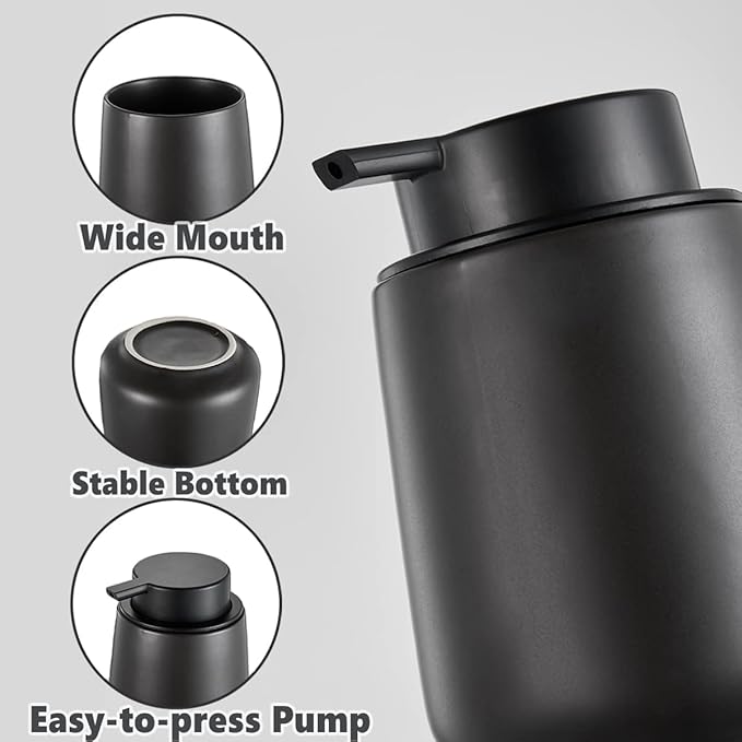 12Oz Black Soap Dispenser Set - Ceramic Lotion Hand Soap Dispenser Set with Easy-to-Press Black Pump, Refillable Mordern Liquid Dish Soap Dispensers for Bathroom & Kitchen, 2 Pack