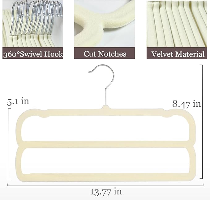 Velvet Pants Hangers 10 Pack,2 Tier Jeans Hanger,Premium Non Slip,Thin Space Saving Slim Trousers Hanger,13.77inch