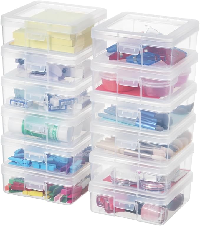 novelinks Plastic Clear Storage Containers for Organizing, Craft Storage Organizers and Stackable Storage Bins with Lids for Pencil Box, Bead, Cookie Cutter, Board Game (12 Pack Small)